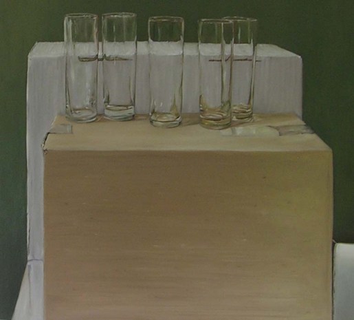 5 Kölschgläser auf Karton, Öl auf Holztafel,. 50x60cm